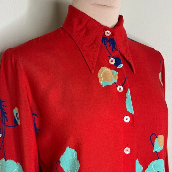 Vintage Junior House Button Up Shirt Large Womens Red Floral Pointed Collar 70s - Picture 5 of 8